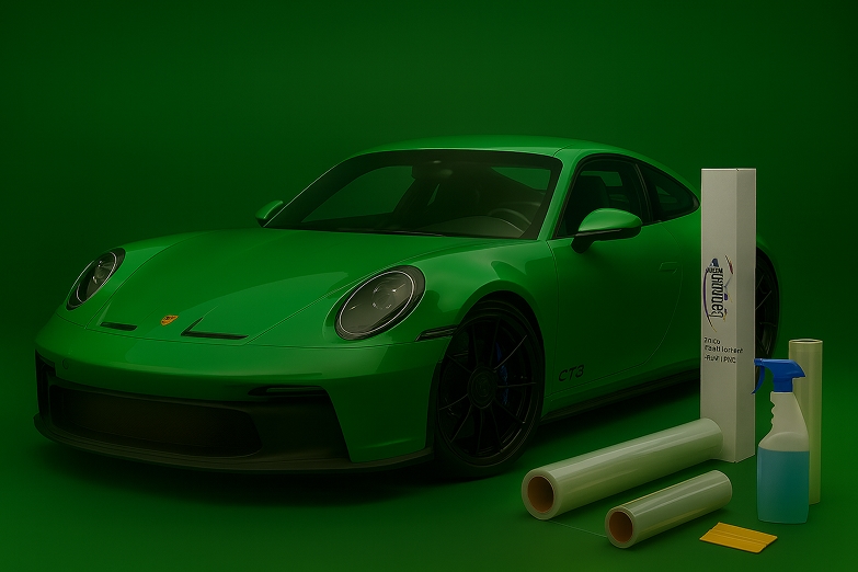 Porsche 911 verde con rollos de PPF y pulverizador; instalación de film transparente para proteger la pintura por CDW Llácer.