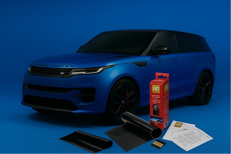 Range Rover azul con kit de láminas solares y documentación; instalación profesional de tintado de lunas por CDW Llácer.